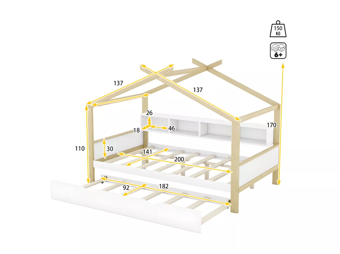 Lit enfant gigogne 140x200cm - 4 compartiments ouverts sur le lit - Blanc