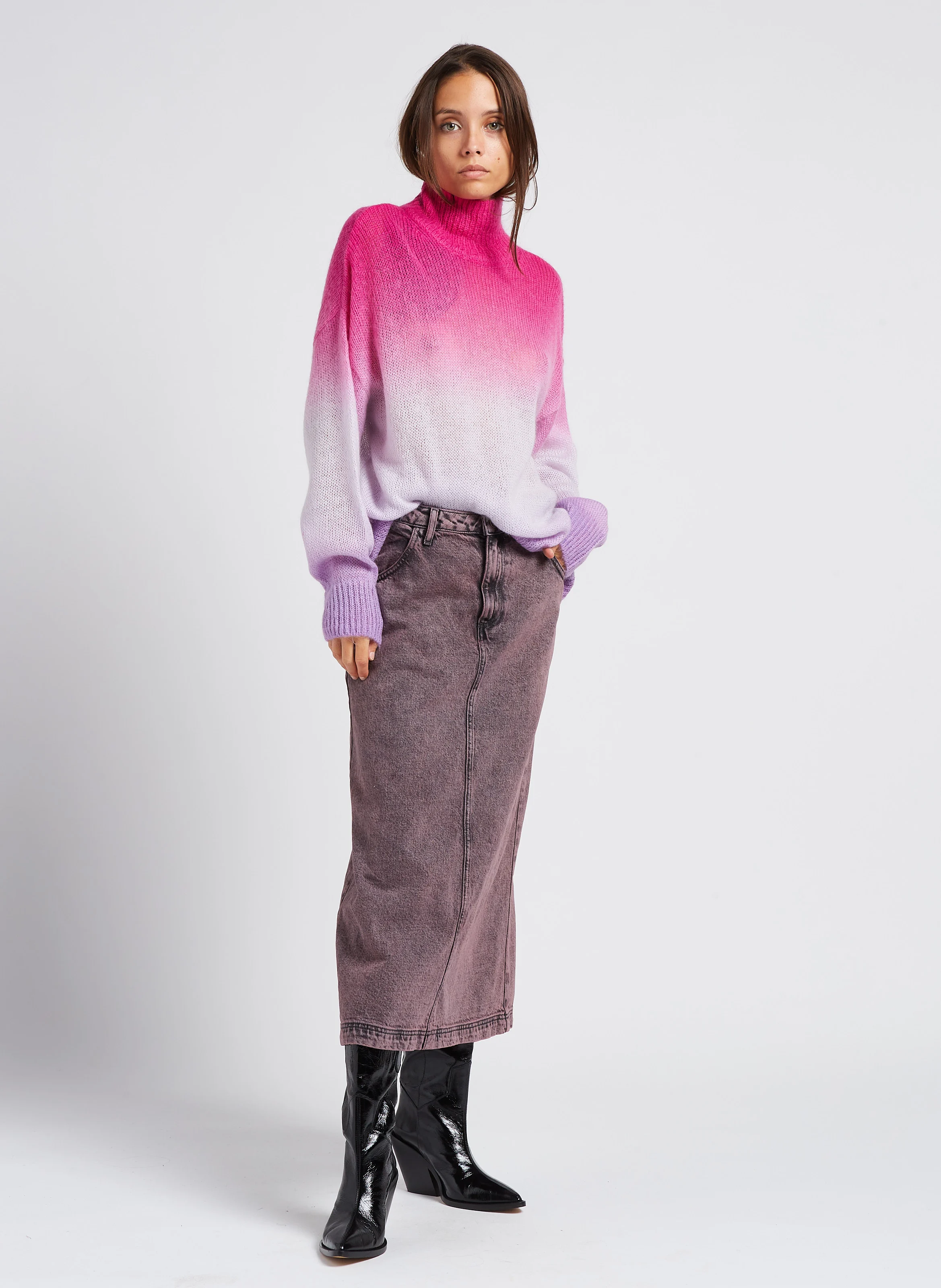 JULIETTE - Pull ample à col montant en laine mélangée tie and dye | Rose