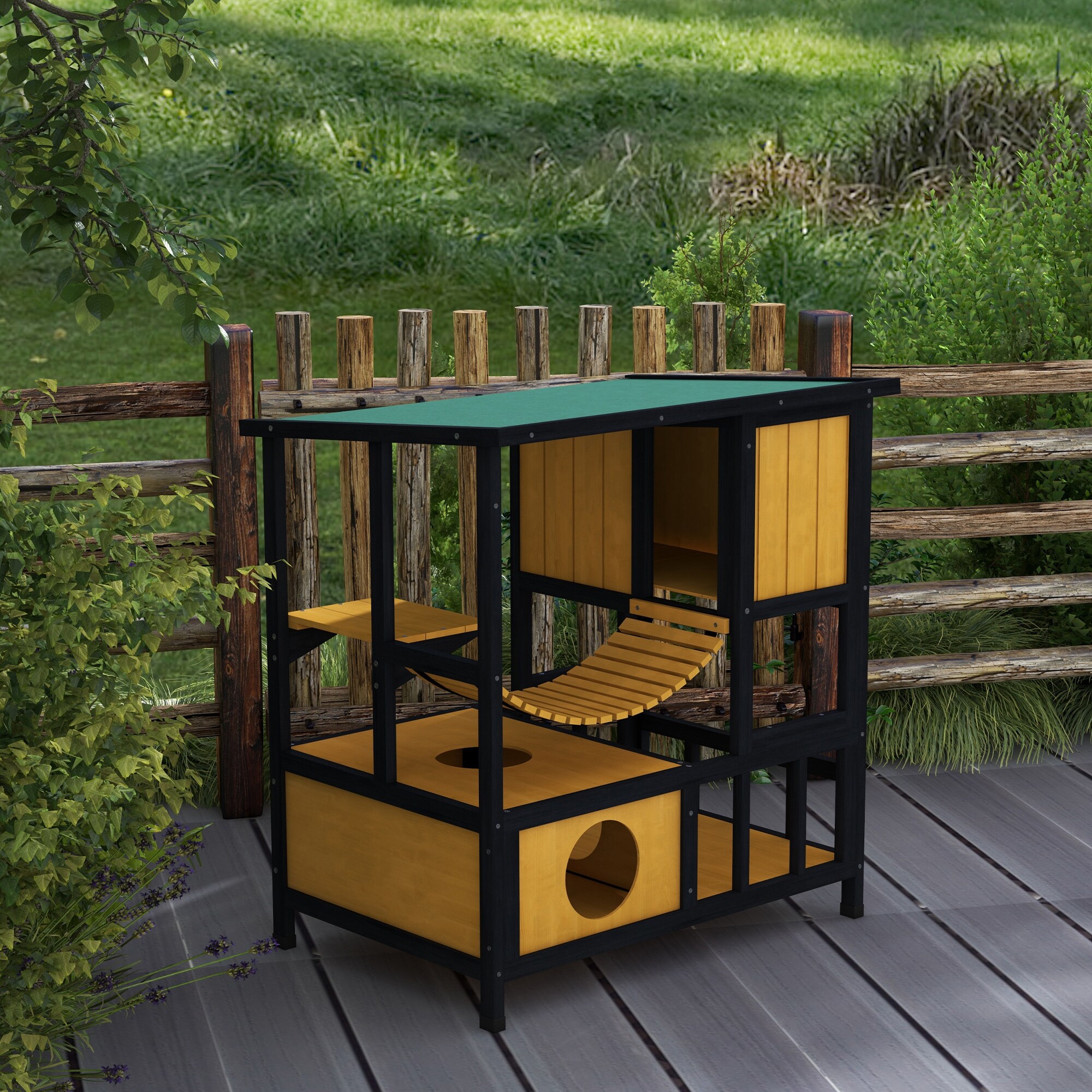 PawHut Katzenhaus mit Zugbrücke natur 84,5L x 60B x 88H cm