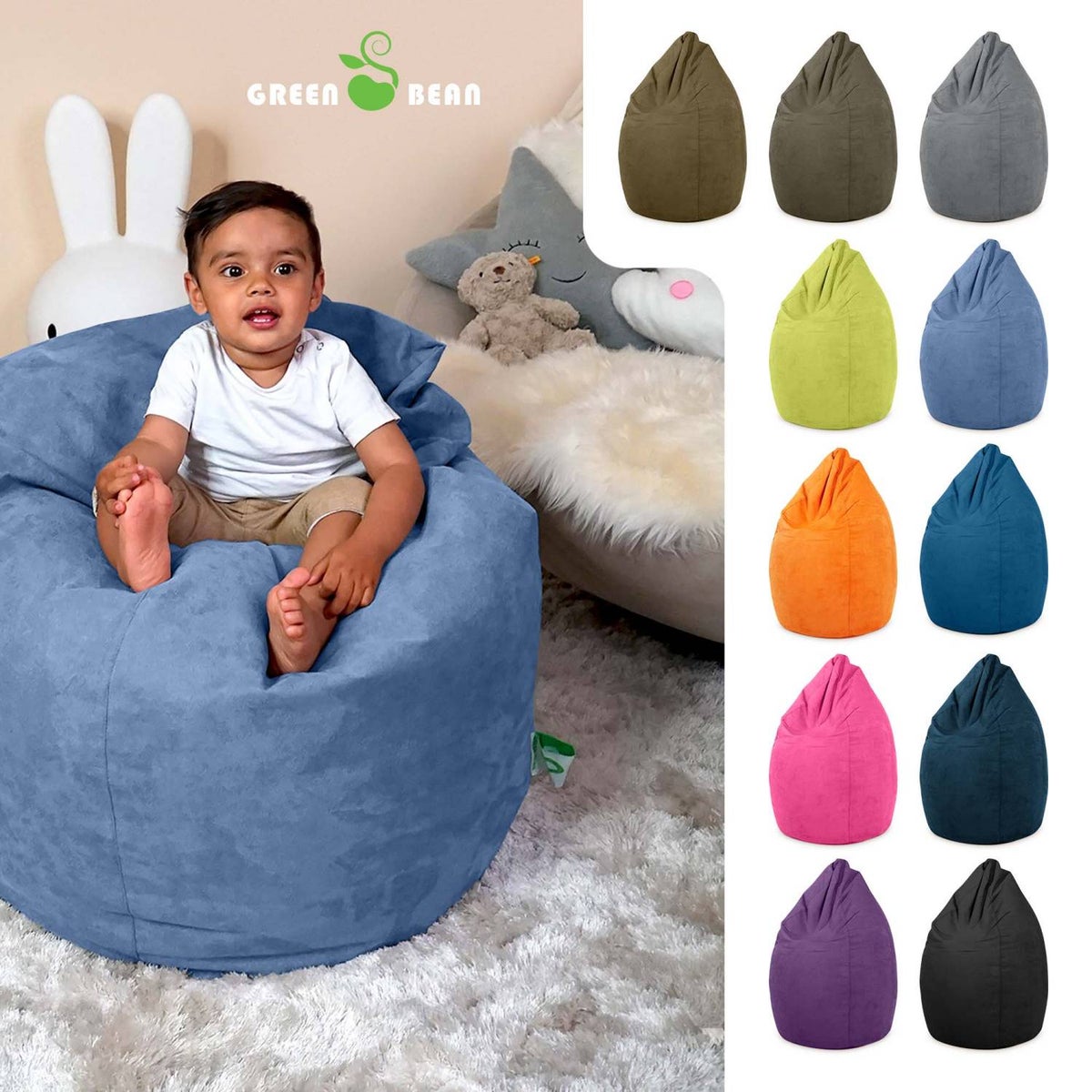 Green Bean Zitzak met rugleuning 60x60x90cm - Binnenzitkussen 220L vulling, comfortabel, wasbaar - Zitzak vloerkussen, loungestoel, voetenbank - lichtblauw