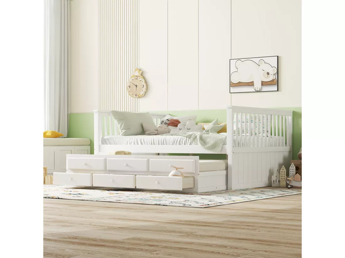Lit gigogne 140 x 200 cm + 90 x 190 cm avec 3 tiroirs - bois de pin + MDF - blanc
