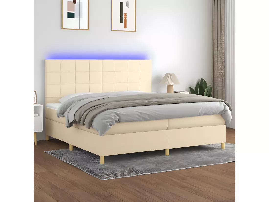 Sommier tapissier et matelas et LED Crème 200x200 cm Tissu