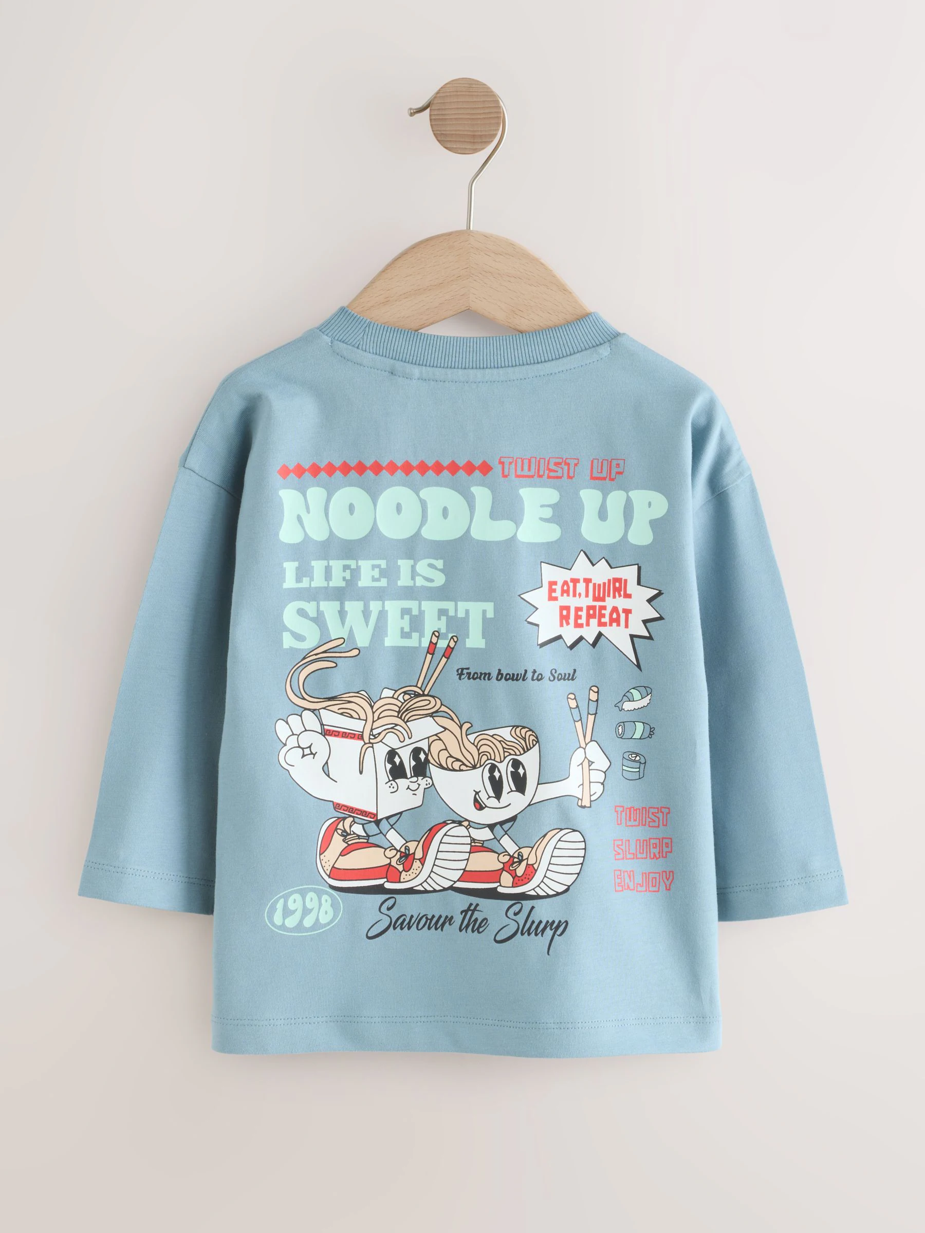Blauw Noodle Up - T-shirt met lange mouwen en print op de rug (3mnd -8jr)