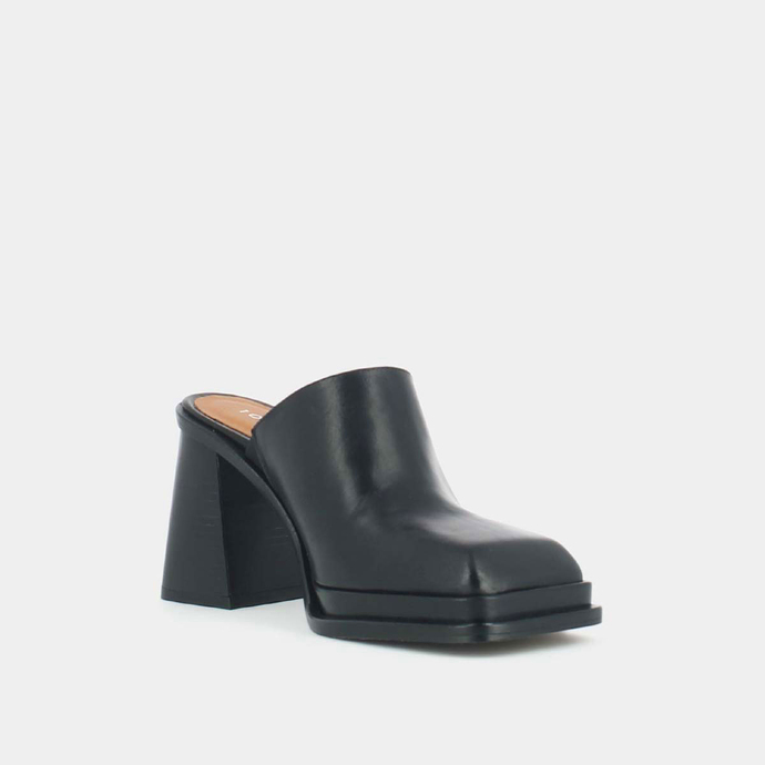 Mules à bouts carrés et talons épais  en cuir noir