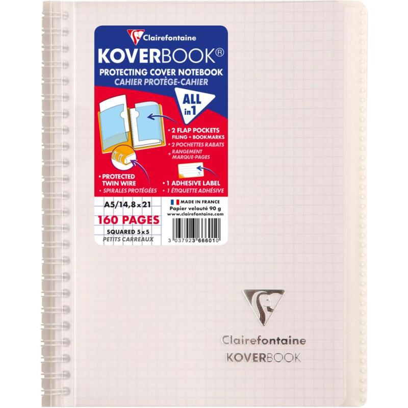 Carnet reliure intégrale enveloppante Koverbook A5 160 pages petits carreaux couverture polypropylène transparent - Assortis
