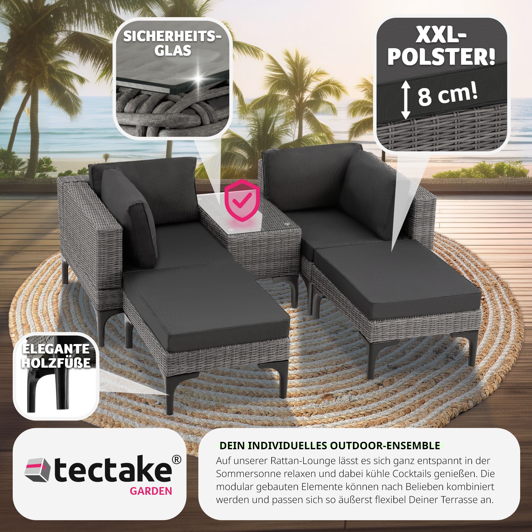 tectake® Rattan Lounge, mit Aluminiumgestell, wetterfest und UV-beständig, mit Sicherheitsglasplatte