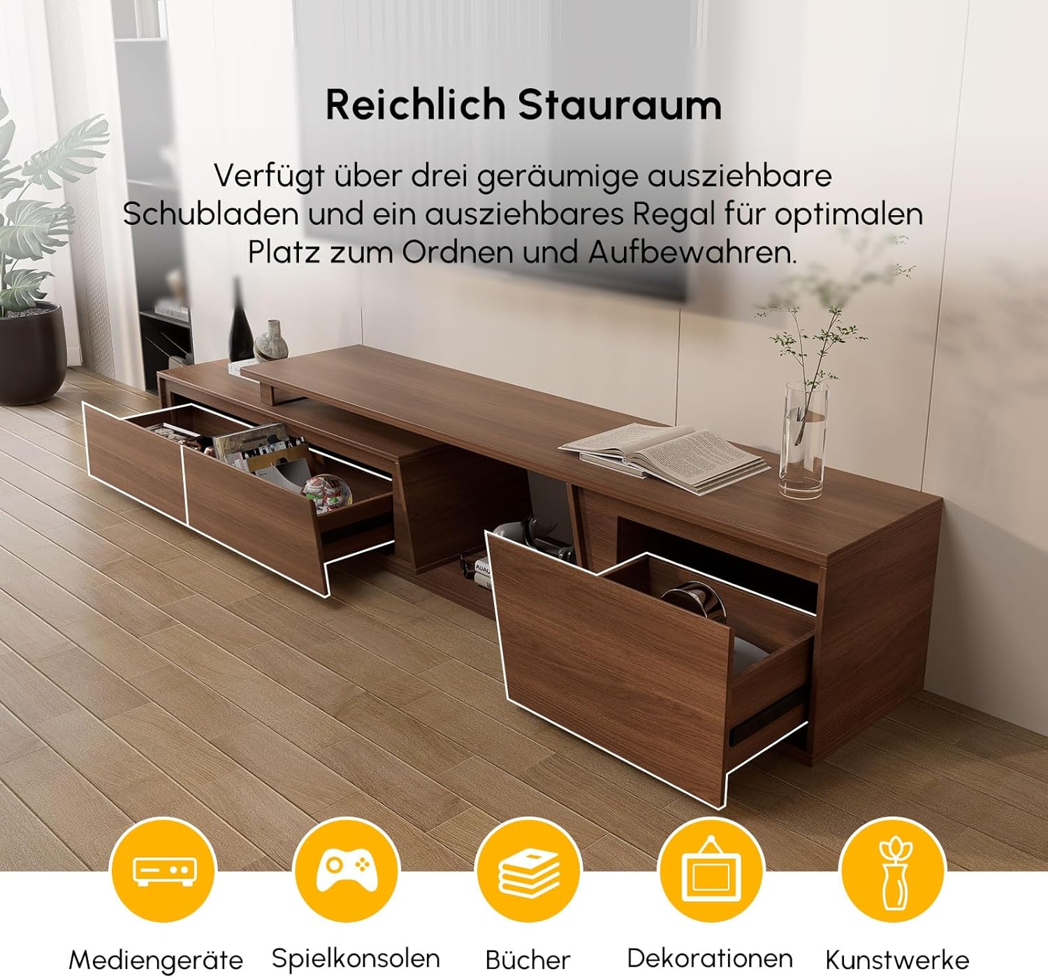 Homary Ausziehbares TV Schrank 180 cm - 280 cm Lang, TV Lowboard Walnuss TV Möbel mit 3 Schubladen, TV-Board für Fernseher bis zu 120 Zoll, Walnuss Moderner Fernsehtisch mit Stauraum für Wohnzimmer