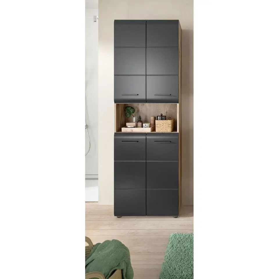 Hioshop Ice kolomkast 4 deuren- 1 plank zwart mat- eiken decor