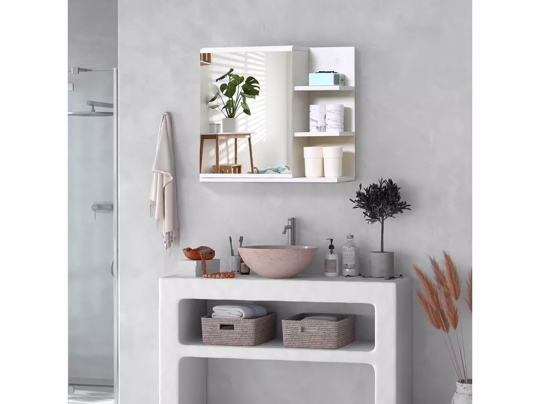 Armoire miroir de salle de bain avec étagère - 3 étagères latérales - kit installation murale fourni - panneaux particules blanc