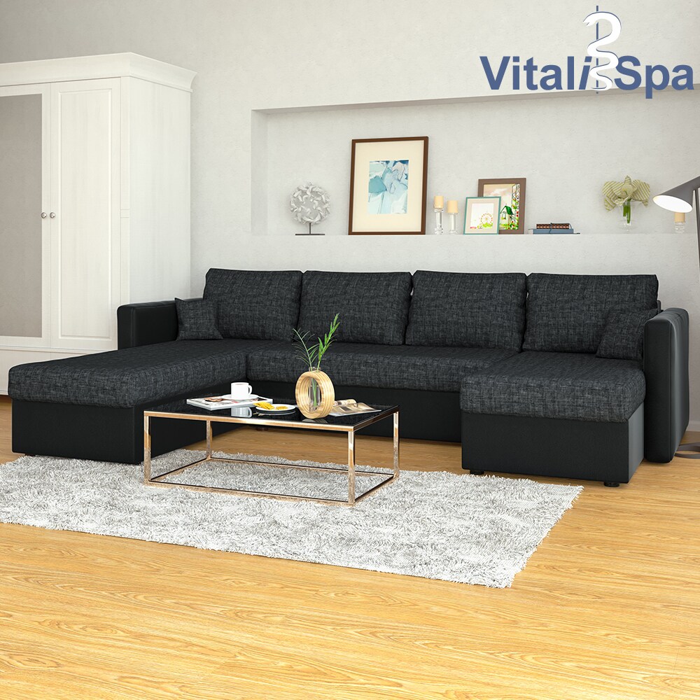 VICCO XXL Ecksofa mit Schlaffunktion Schwarz - Couch Ecksofa Schlafsofa Taschenfederkern Polstereck
