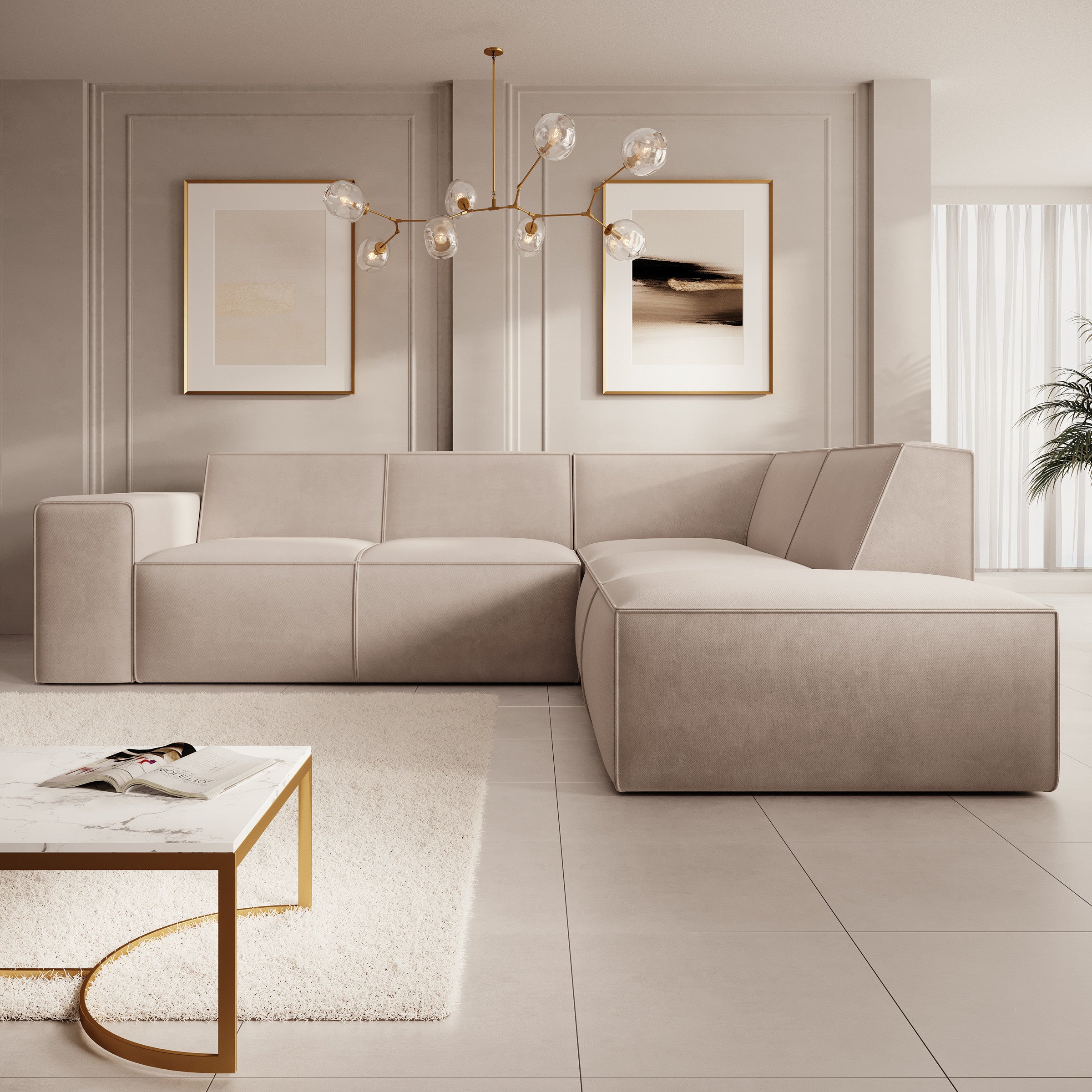 Monet - Hoekbank 4-zits met chaise longue - Stof beige - Rechts - 261x216x80 cm