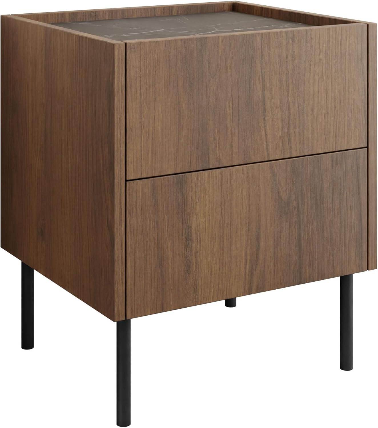 Mirjan24 Nachttisch Tewos S40 S2 mit 2 Schubladen, Metallfüße, Nachtschrank, Nachtkonsole, Nachtkommode, Beistelltisch (Nuss Warmia + Marmor Schwarz)