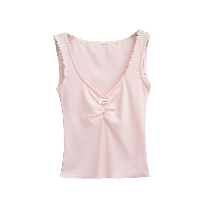 Asiris - Tanktop met V-hals en geplooide kanten rand