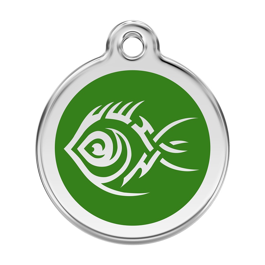 Placa de identificação para cães em aço inoxidável esmaltado com desenho tribal de peixe verde
