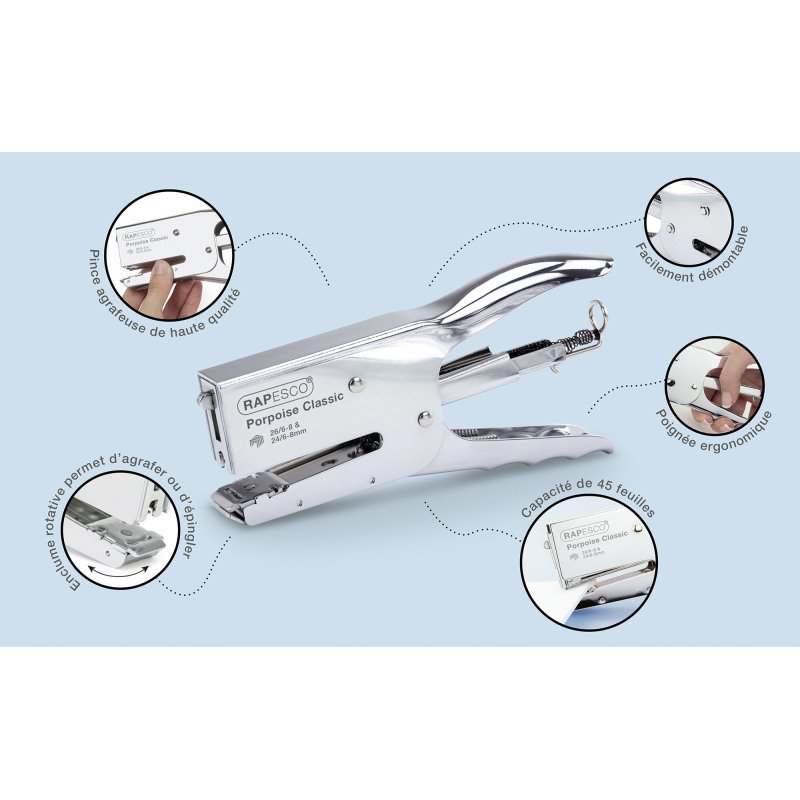 Agrafeuse pince Rapesco Porpoise - agrafes 24/6, 24/8, 26/6 ou 26/8 - capacité 45 feuilles