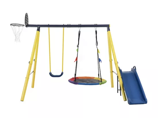 Jeux plein air cadre en métal - 2 balançoires réglable en hauteur、panier de basket-ball et toboggan - convient aux enfants à partir de 3 ans - Jaune