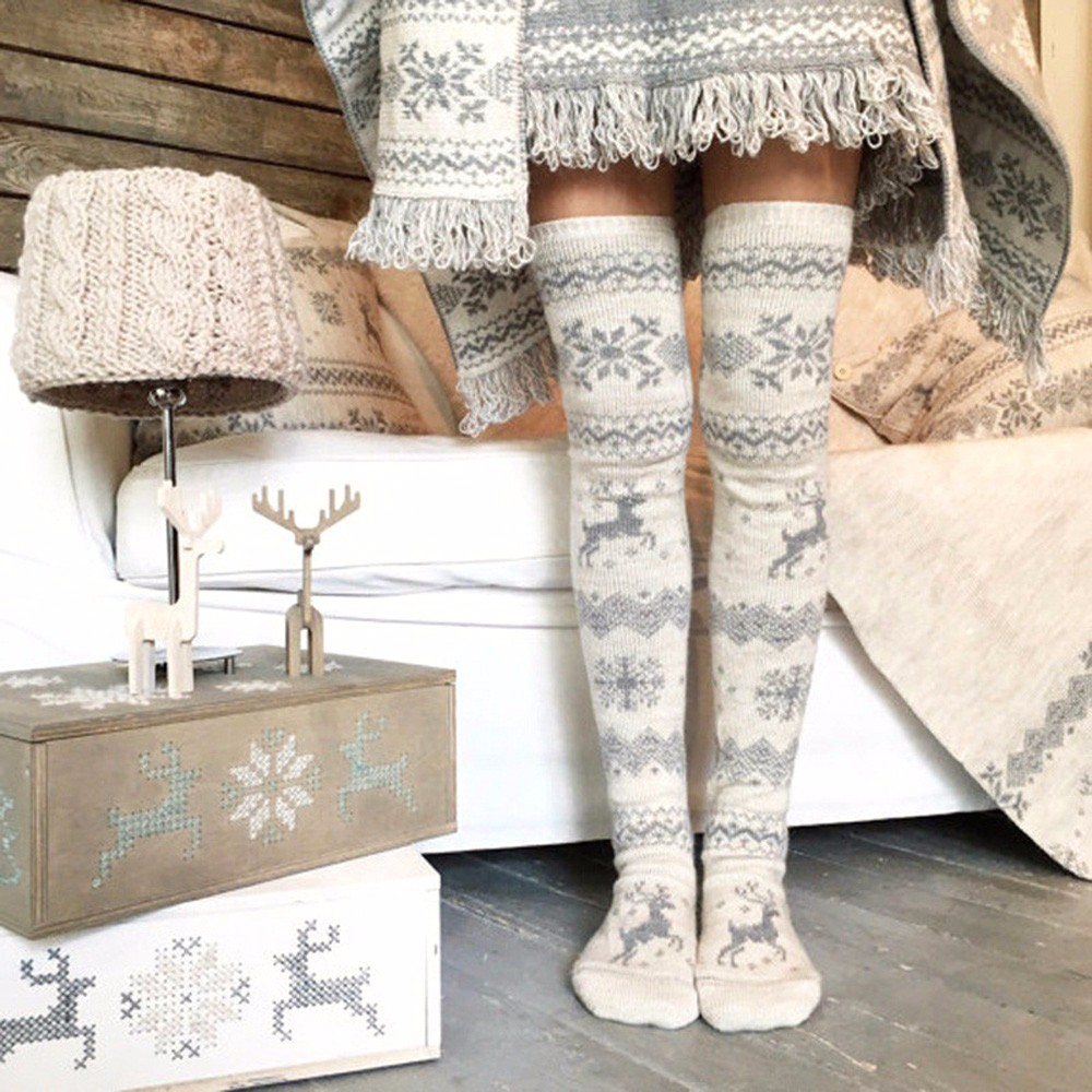 (1 Paar) Strick Knie Socken Damen Over Knee Strümpfe (One Size) - Weiss / Beige