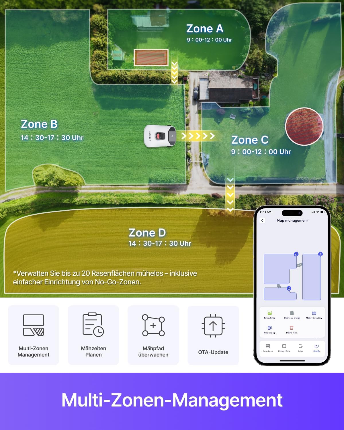 ANTHBOT Genie 600 Rasenmäher Roboter ohne Begrenzungskabel, Intelligenter Mähroboter mit RTK & 4-Kamera-Vision, Smart Mapping, KI-Hinderniserkennung, App-Steuerung & Regensensor, bis 900 m²