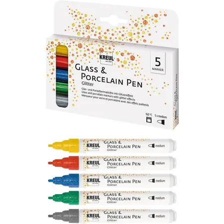 KREUL Glass & Porcelain Pen glitter, 5 Stifte, farbig, Strichstärke ca. 1 - 3 mm