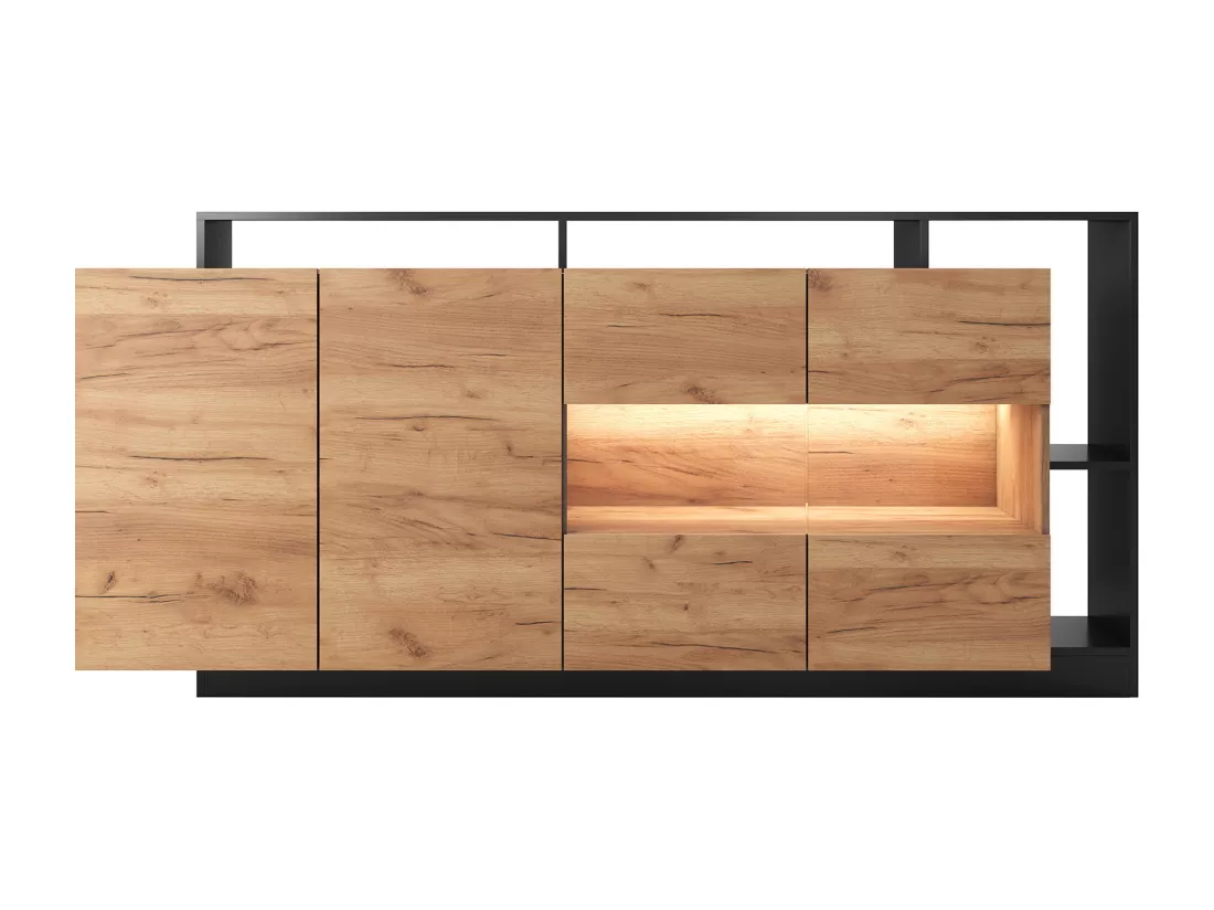 Buffet 4 portes et 4 niches avec LEDs - Naturel clair et Anthracite - IDESIA