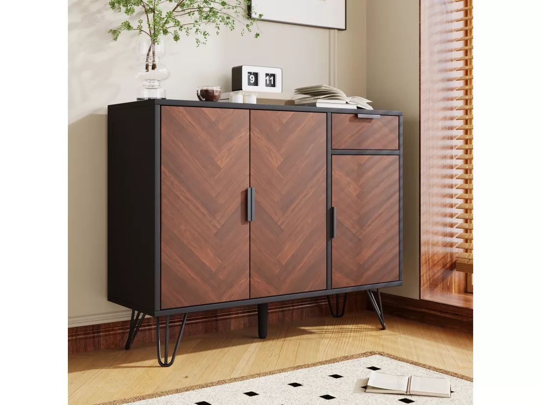 Meuble de Rangement Moderne, Buffet Noir avec Effet Bois, 1 Tiroir et Étagères Réglables en Hauteur (90 x 30 x 71,5 cm)