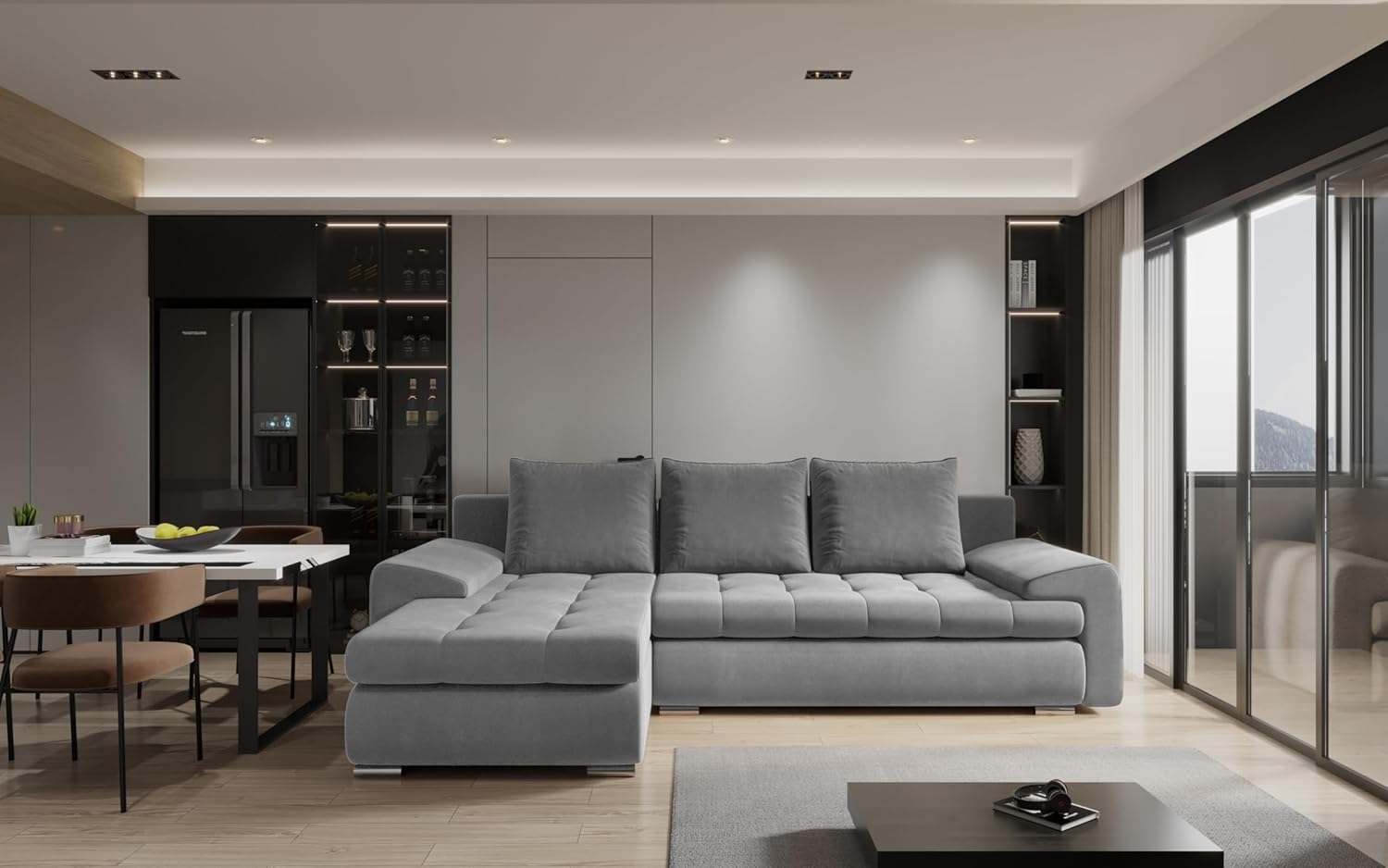 Kaiser Möbel - Ecksofa mit Schlaffunktion und Bettkasten, Eckcouch L Form Schlafsofa, Sofa 3-sitzer, Metallfüße, Wohnlandschaft, Bequemes Couch mit Ottomane für Wohnzimmer, TOMI, Grau, Links