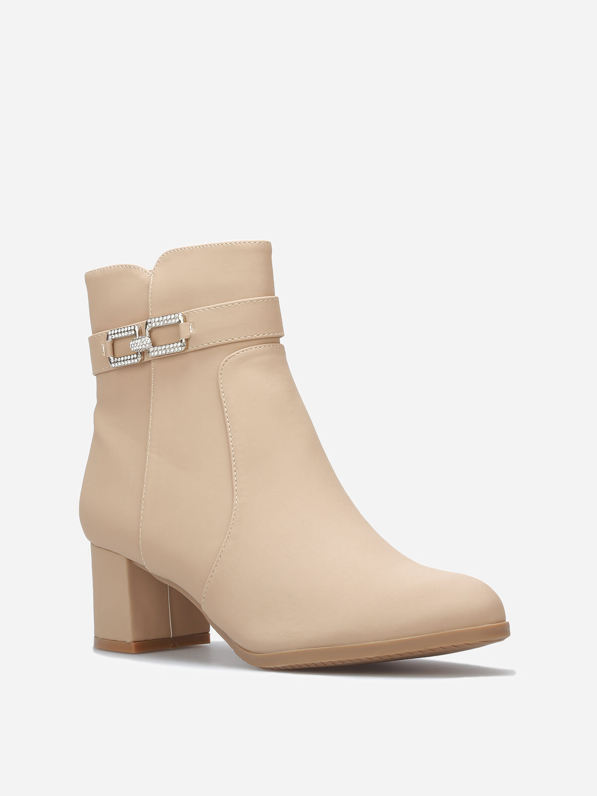 Bottines à boucle en strass et surpiqûres- Beige