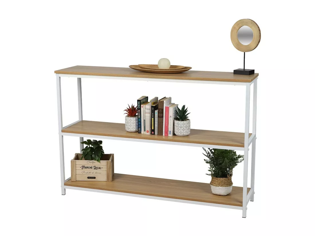 Bibliothèque 3 niveaux collection PUEBLO – Style industriel, coloris chêne et blanc