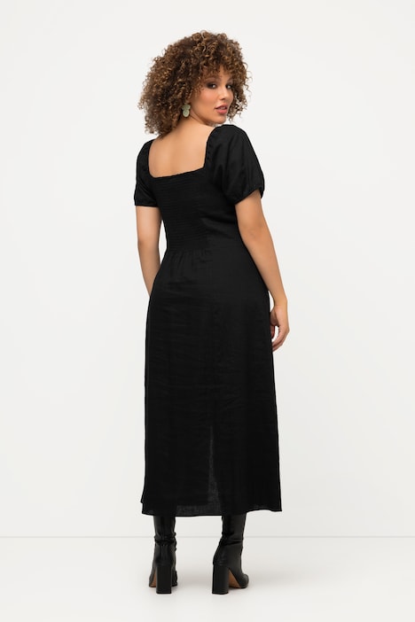 Midikleid, Leinenmix, Smokdetail, Herzausschnitt, Halbarm