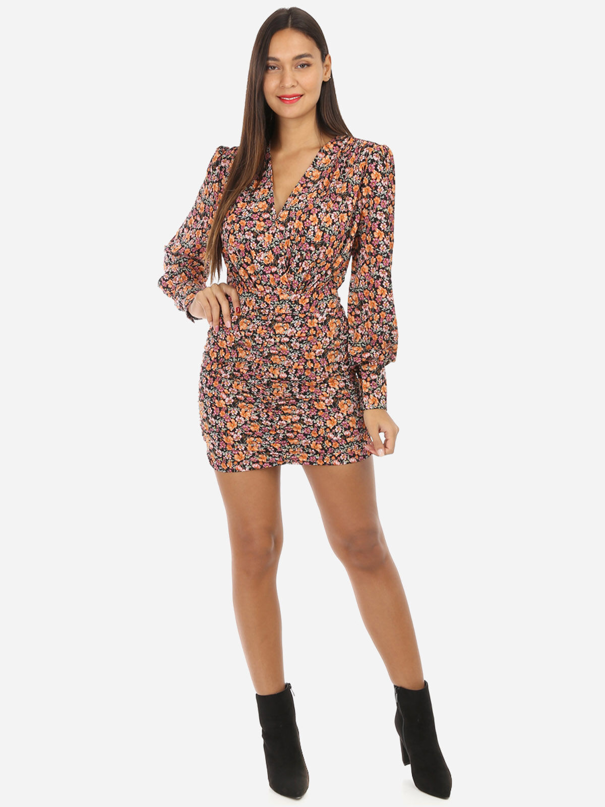 Robe motif fleuri à épaulettes et col V- Noir