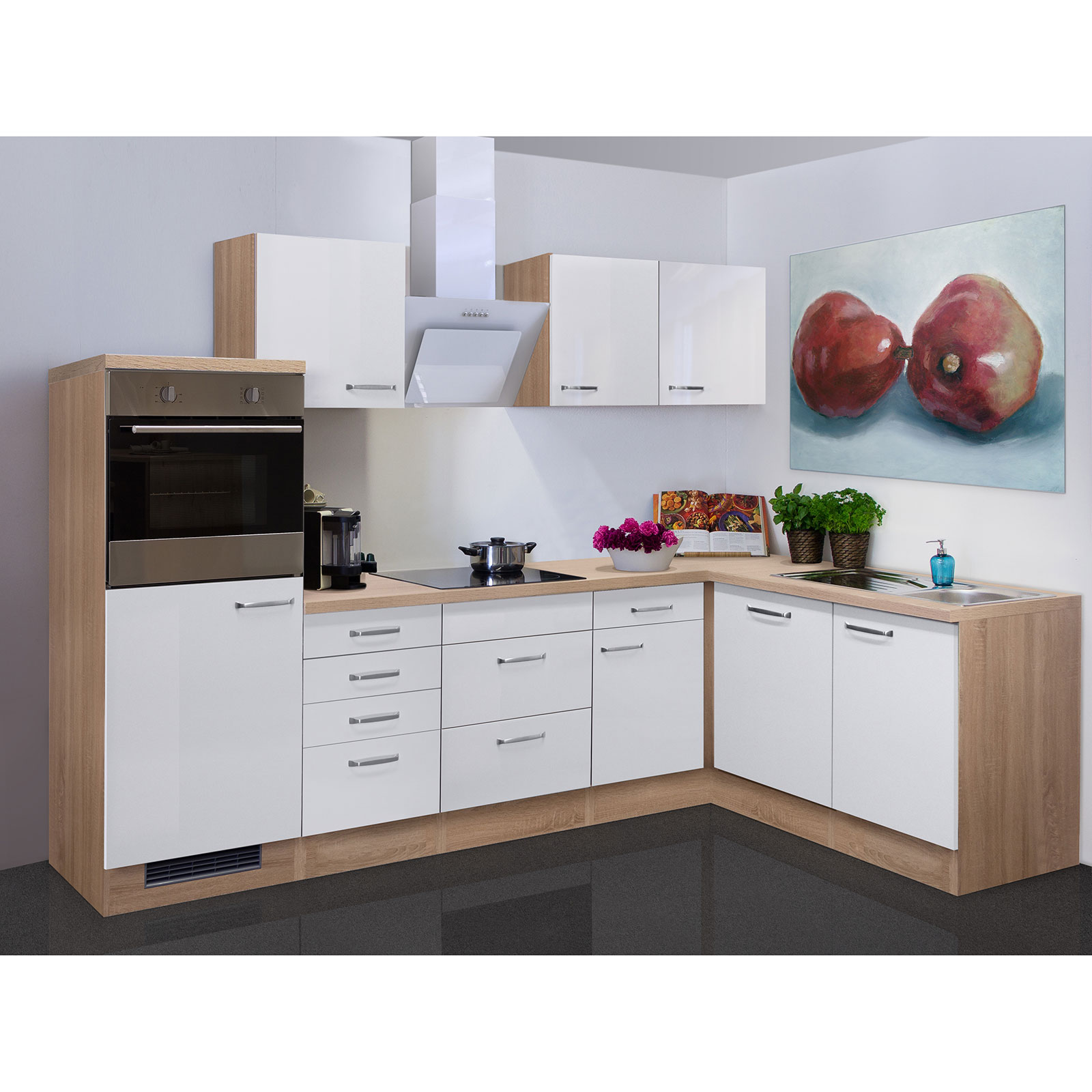 Winkelküche VALERO - weiß Hochglanz-Sonoma Eiche - mit E-Geräten - 280x170 cm