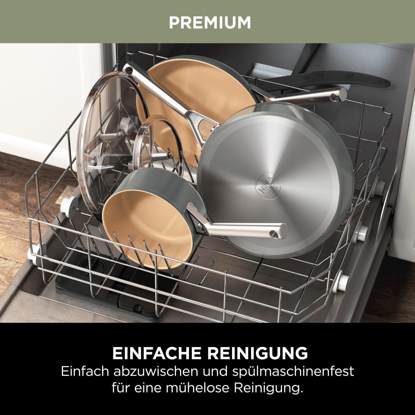 Ninja Extended Life Keramic Kochset 5-teilig (20 & 24 cm Sauteuse + 16, 18 & 20 cm Töpfe & Deckel), Antihaftbeschichtet (ohne PFAs, PFOAs, Blei, Cadmium), Backofenfest, Grau & Terracotta CW95000EUUKDB