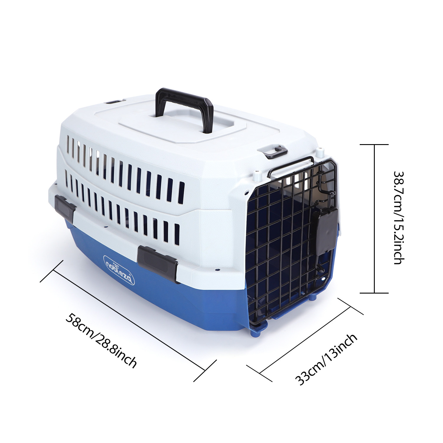Transportadora de plástico Nobleza azul e cinza para cães e gatos.