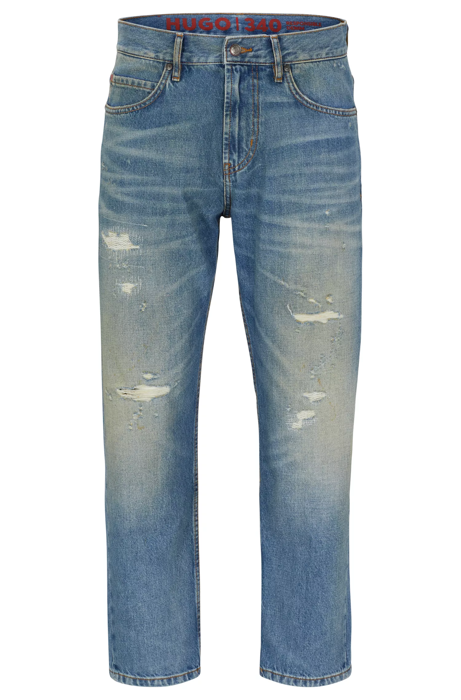 Calça jeans HUGO vermelha, modelagem folgada, em denim azul com lavagem vintage.