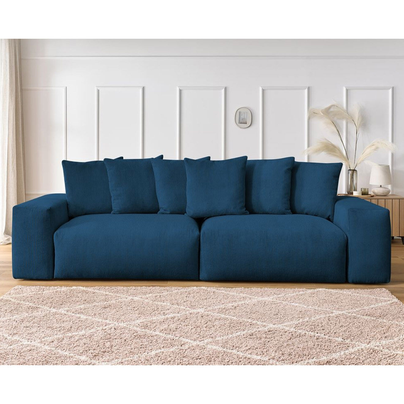 Bobochic Canapé 4 places moelleux voltaire velours côtelé bleu foncé - 320x124x75 cm