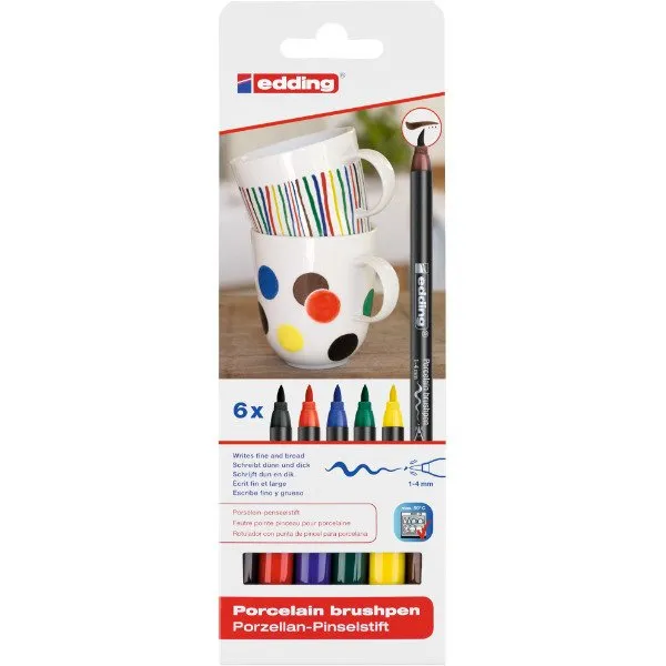 Edding 4200 Porcelain Brushpen Basic Colours, porcelæn penseltusch - 6 stk. - mal på keramik