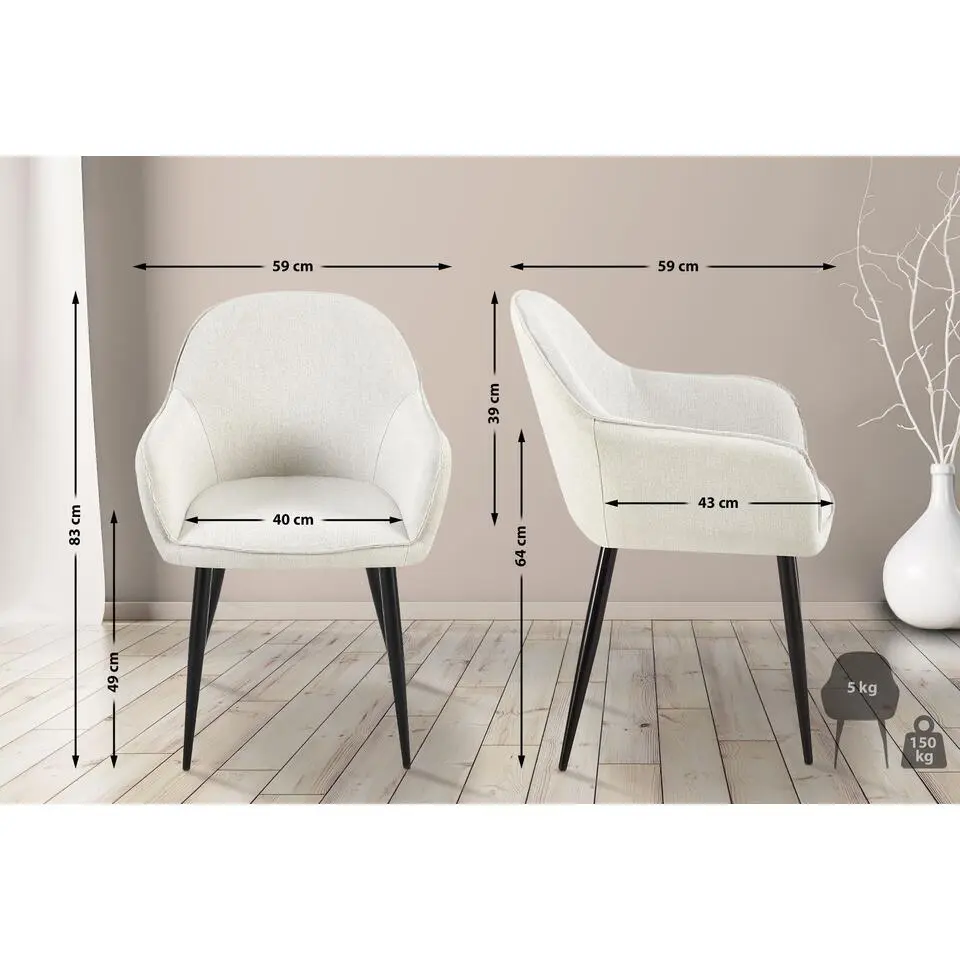 CLP Eetkamerstoel Boise zwart Frame - Stof - creme