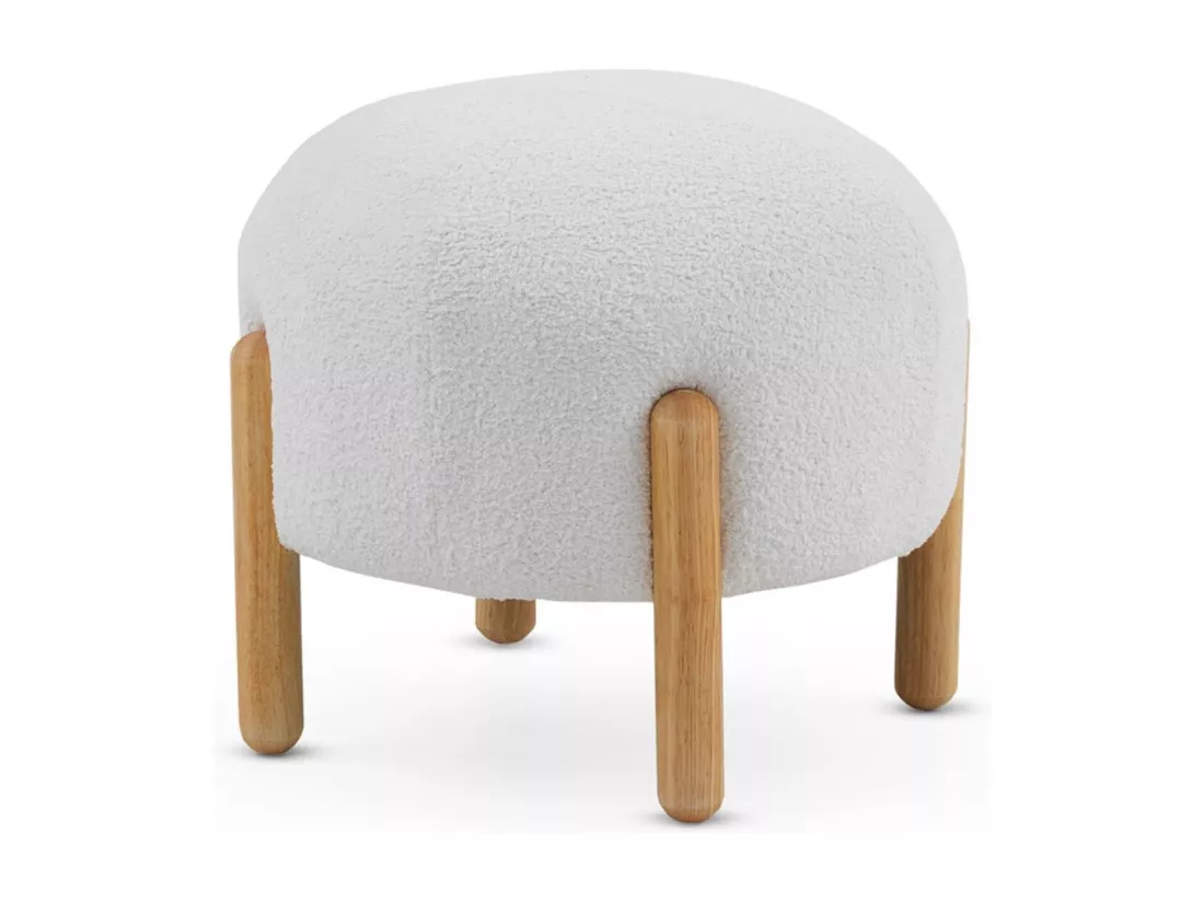 Pouf tapissé en boucle blanche avec structure et pieds en pin naturel