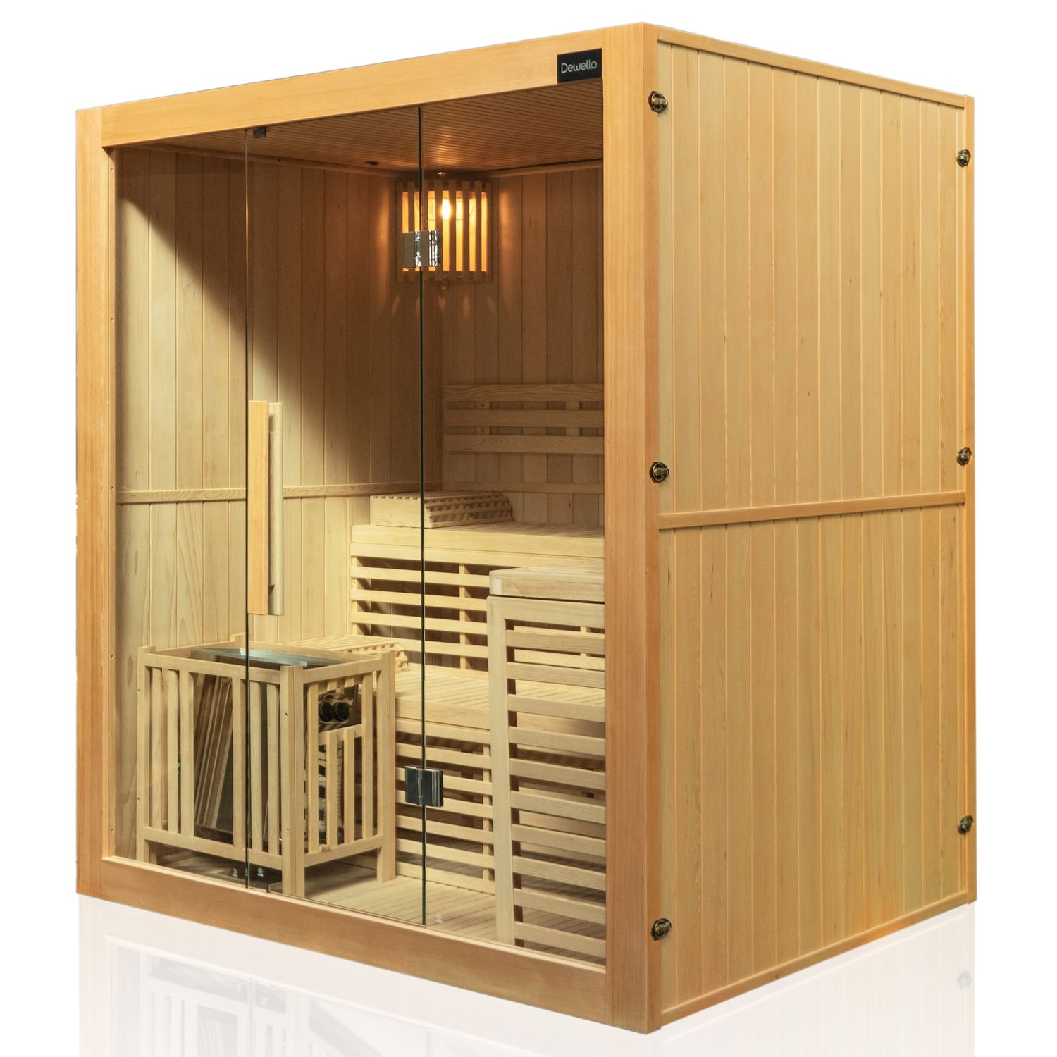 Dewello® Finnische Traditionelle Sauna SARNIA 180cm x 140cm inkl. 6 KW Harvia Ofen, inkl.Aufguss-Set, Sanduhr, Thermometer