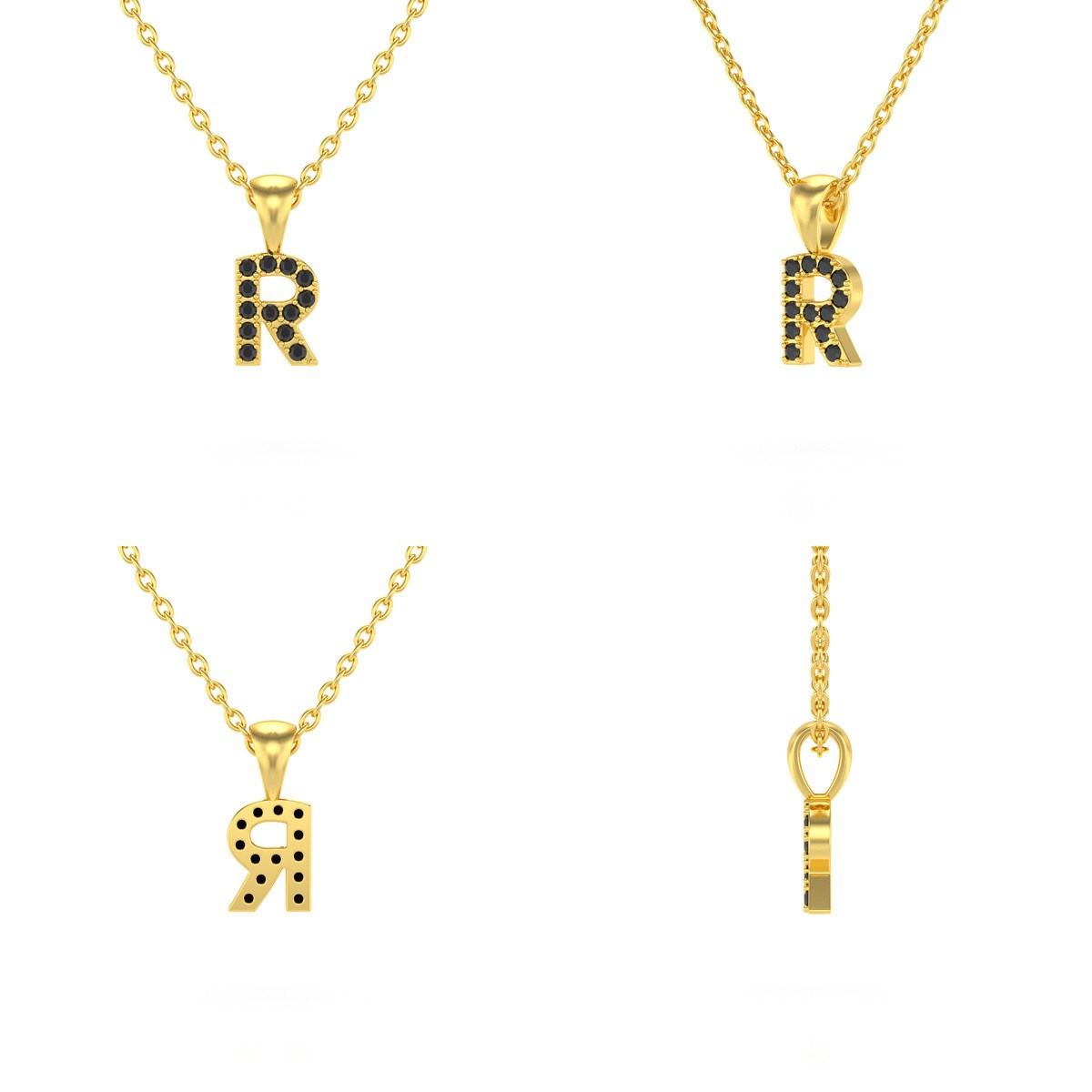 Collier Pendentif ADEN Lettre R Or 750 Jaune Diamant Noir Chaine Or 750 incluse 0.72grs