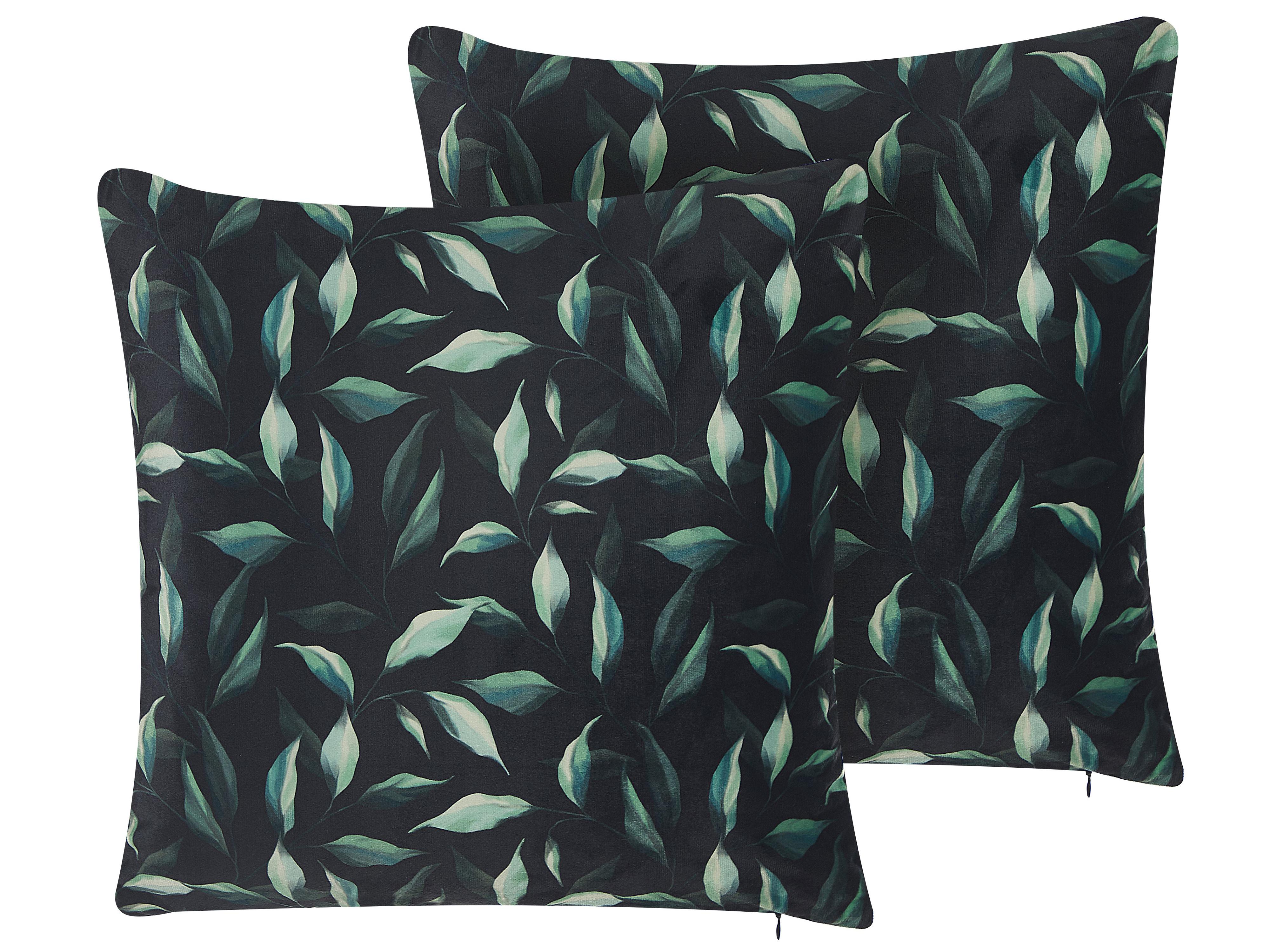 Set van 2 sierkussens TOADFLAX Fluweel 45 x 45 cm Groen Zwart bladpatroon