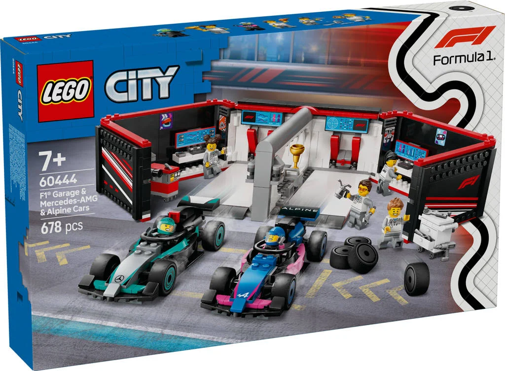 Formule 1 lego garage voor de lego en formule 1 faF1® garage met Mercedes-AMG en Alpine auto's 60444