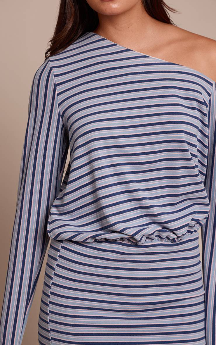 Bleu Marine Robe Moulante Asymétrique À Rayures Et Manches Longues