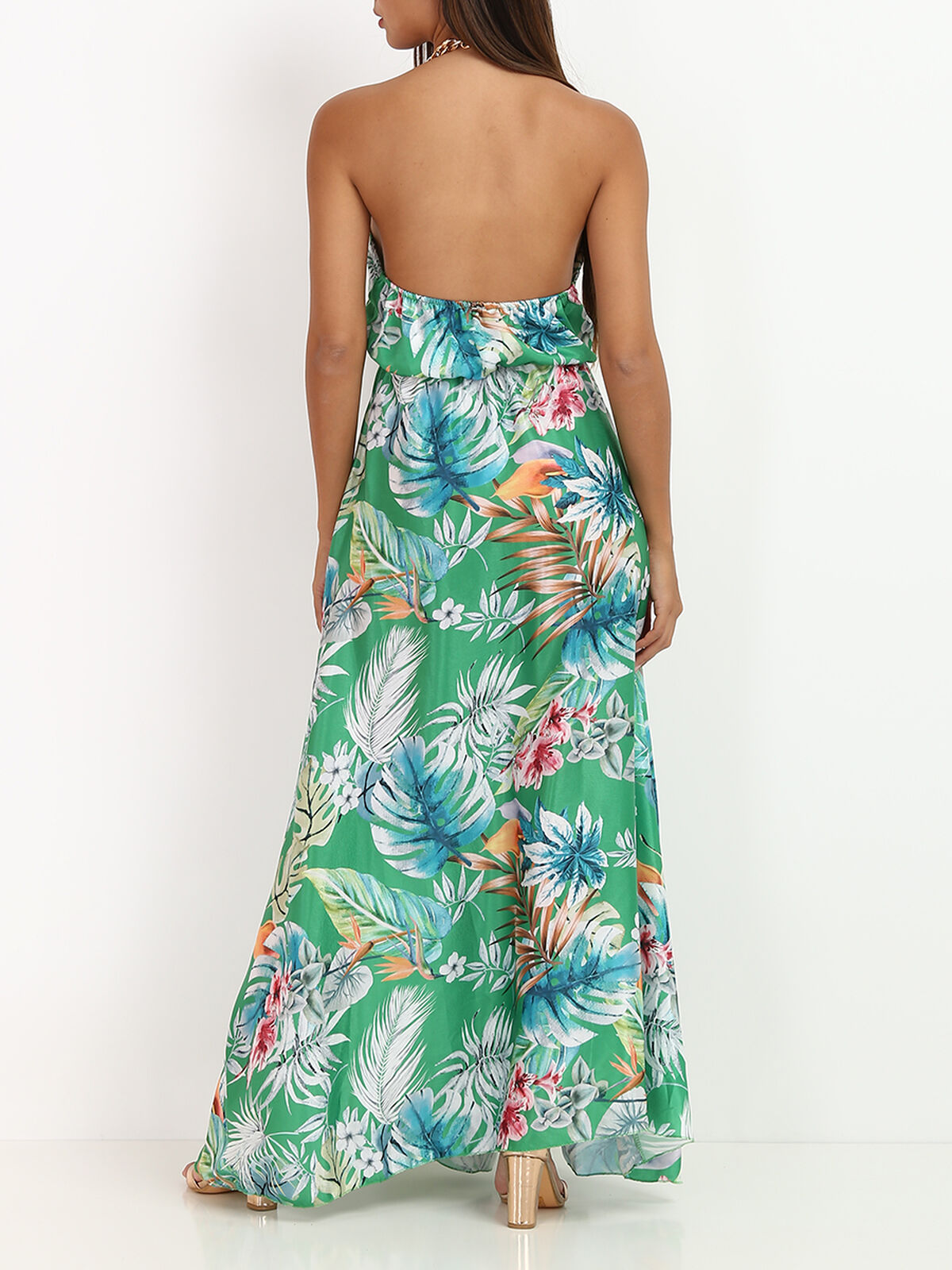 Robe ajourée à chaîne et imprimé tropical- Vert