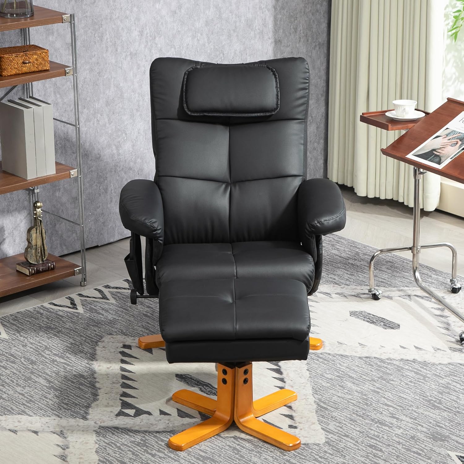 HOMCOM Relaxsessel mit Hocker, 360°drehbarer Fernsehsessel mit Knetmassage und Vibrations-Massage, Liegefunktion, Massagesessel mit USB- und USB-C-Anschlüssen, Seitentasche Kunstleder Schwarz
