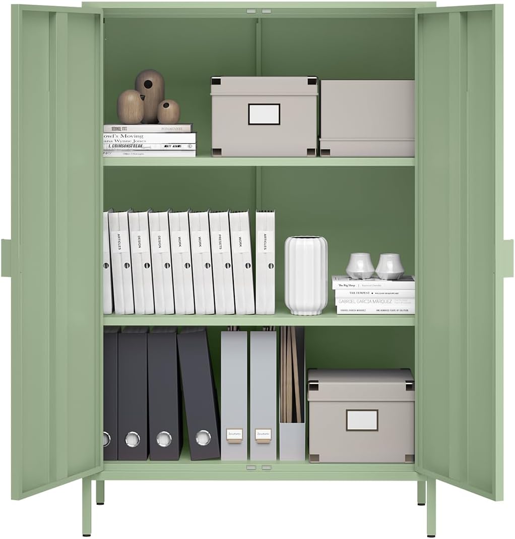 skølm Ituri Metall Kommode – Metallschrank mit 3 verstellbaren Fächern – Sideboard Wohnzimmer in Mintgrün – Aufbewahrungsschrank aus Stahl - Highboard im Industrial Design – Büroschrank/Flurschrank