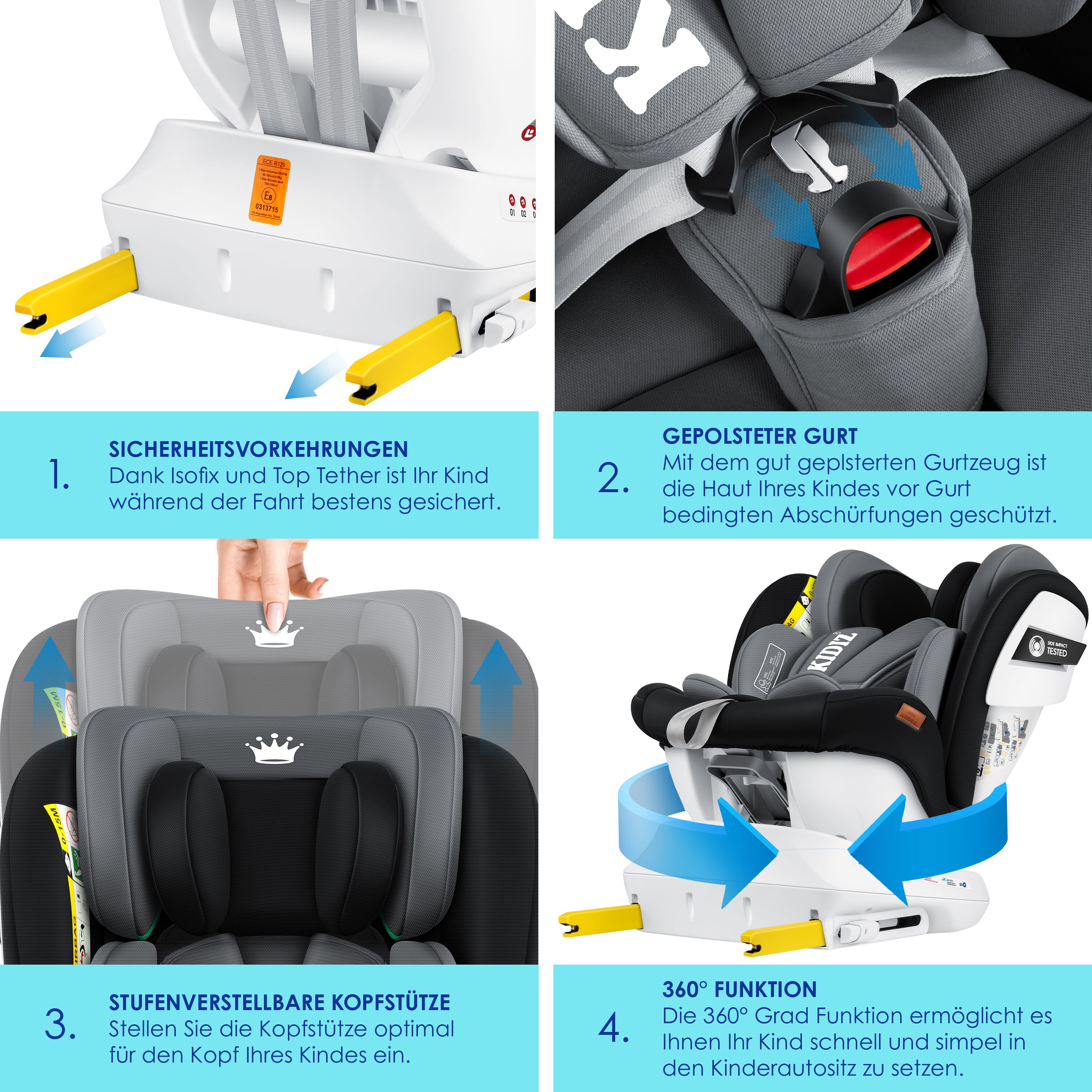 KIDIZ® Kindersitz Baby Autositz Kinderautositz Isofix Top Tether 360° drehbar Gruppe 0/1/2/3 ab Geburt 0-36kg Mit Sonnenschutzdach Seitenschutz 5 Punkt Gurt Kopfstützenverstellung ECE R 129/03