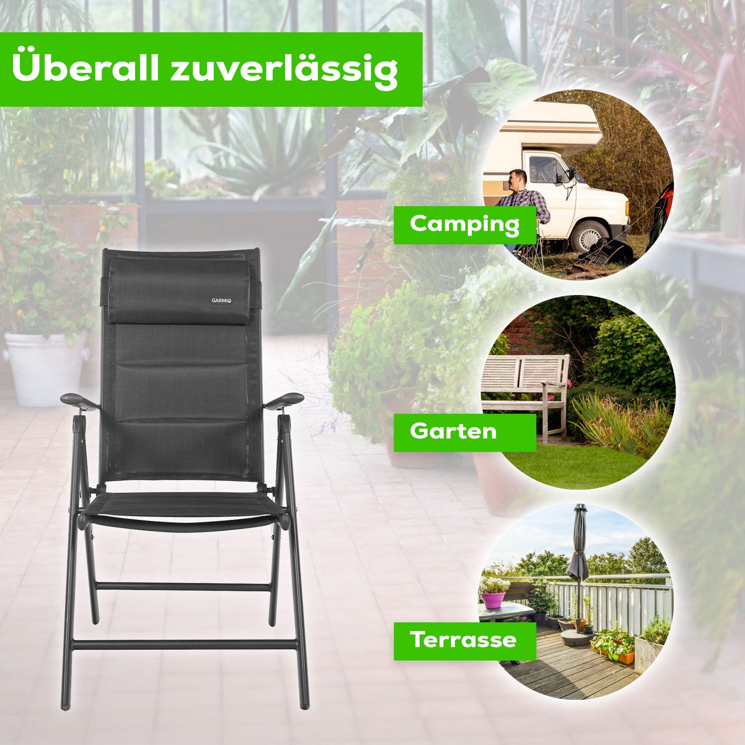 GARMIO® Gartenstuhl Balkonstuhl FLORENZ schwarz, 7-fach verstellbar, klappbar, inkl. Nackenkissen, für Terrasse