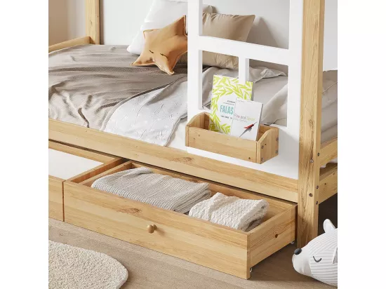 Lit superposé pour enfants 90x200 cm, avec fenêtre, rails anti-chute, rails robustes, deux tiroirs sur roulettes, pin + MDF, blanc + naturel