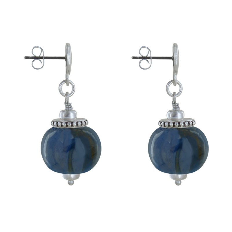 Boucles d'Oreilles Clous Métal Argenté et Grosses Perles en Céramique